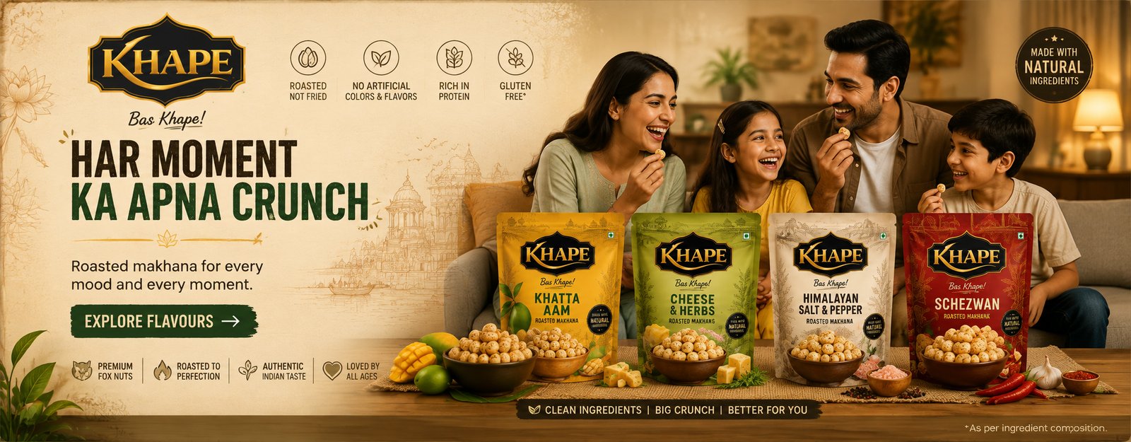 KHAPE roasted makhana flavours – Himalayan Salt & Pepper, Cheese & Herbs, Khatta Aam and Schezwan