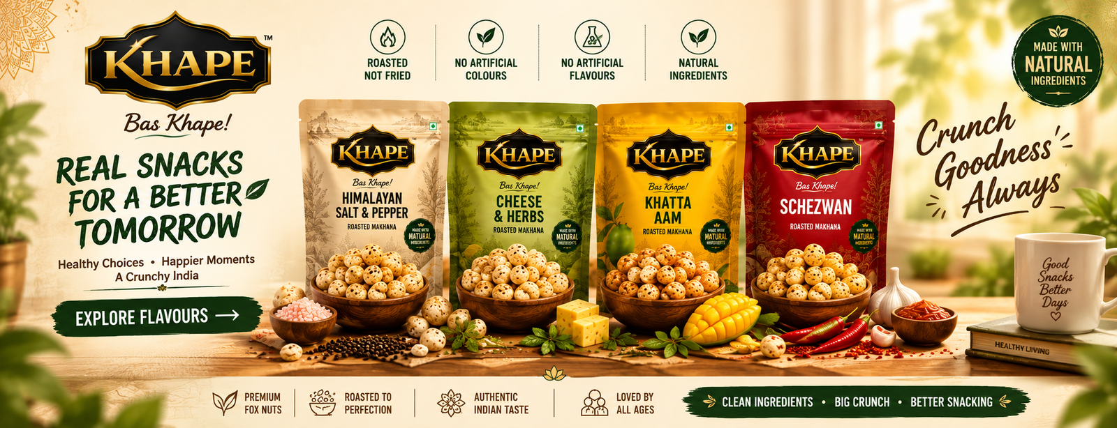 KHAPE roasted makhana flavours – Himalayan Salt & Pepper, Cheese & Herbs, Khatta Aam and Schezwan