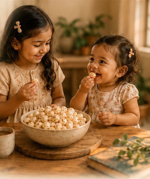Two little sisters sharing roasted makhana, the inspiration behind KHAPE